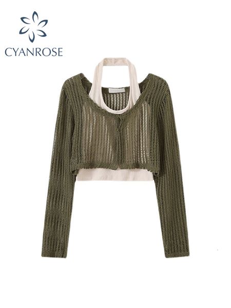 

women s t shirt atasan crop bahu terbuka halter wanita mode y2k leher v korea mantel rajut lengan panjang berlubang baju 2 potong 230516, White