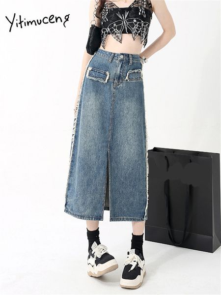 

skirts yitimuceng denim for women fashion vintage burr high waisted y2k chic streetwear straight split midi 230516, Black