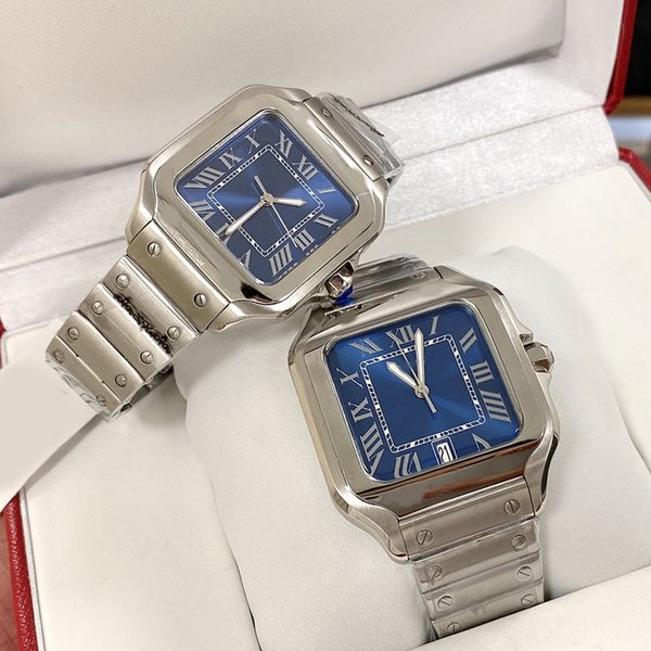 

tank mens watches square 39mm blue rubber and 904l stainless steel mechanical watches case bracelet fashion date watch male lady 35mm womens, Slivery;brown