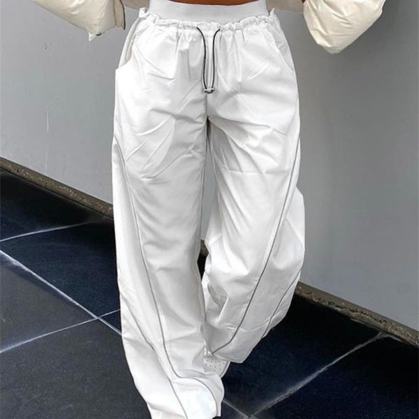 

women's two piece pants celana baggy teknologi pinggang tinggi longgar cuteandpsycho pakaian jalan lebar kasual panjang punk fashion da, White