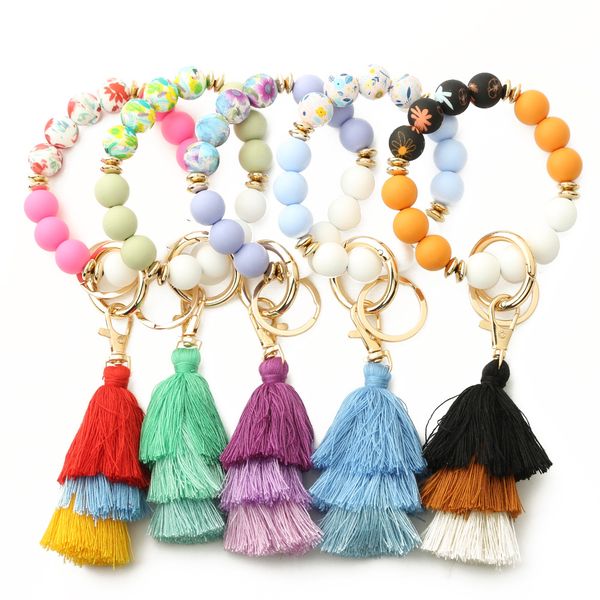 

silicone key ring bracelet tassel wood beads bangle keychain elastic portable car keyrings chains for women girls, Silver