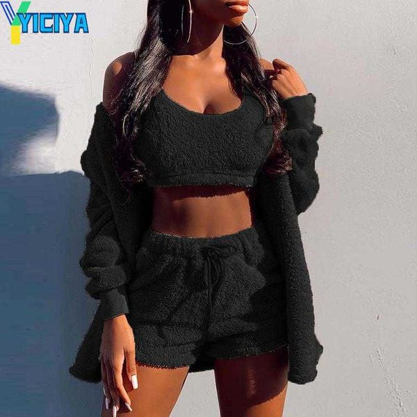 

yiciya women's tracksuits women sets three piece velvet plush hooded cardigan coat shorts crop tracksuit casual sports overalls, Gray