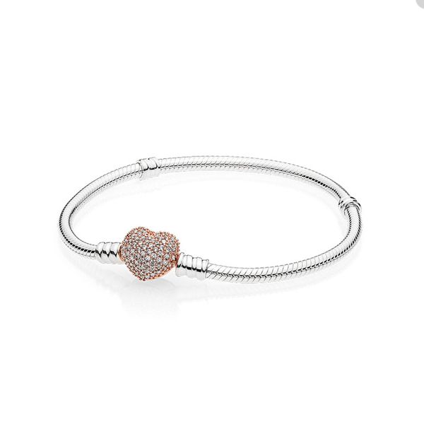 

moments pave heart clasp snake chain bracelet for pandora real sterling silver wedding jewelry designer charm bracelets for women luxury bra, Golden;silver