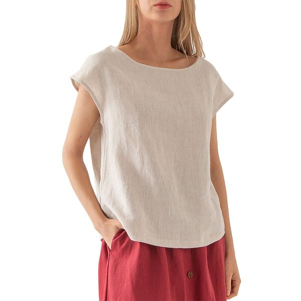 

women's t shirt kaus wanita blus longgar atasan dasar kasual lengan 100 linen musim panas 230515, White
