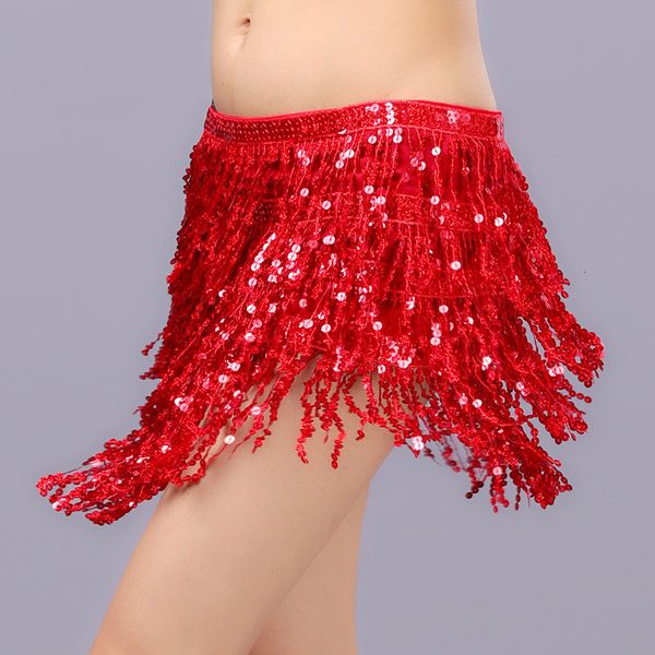 

skirts belly dance waist chain sequins short skirt with tassels stage performance practice shinning four layers garments 230516, Black