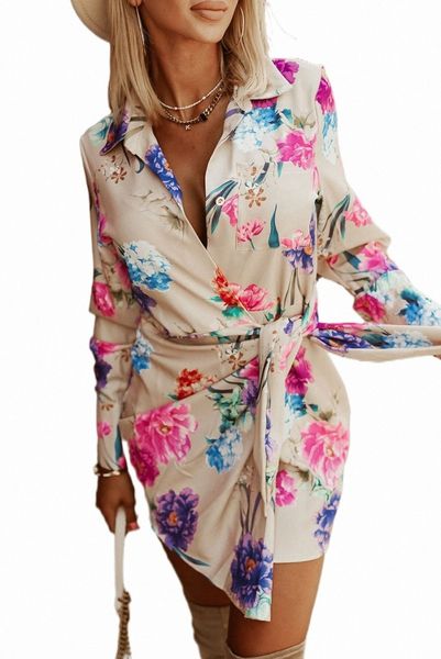 

multicolor floral print wrap tie mini shirt dress 88py#, Black;pink