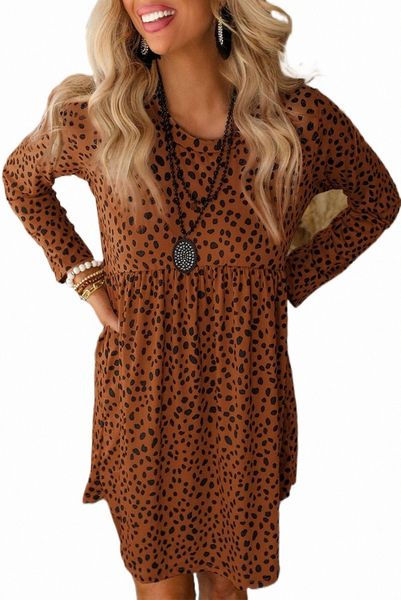 

brown leopard long sleeve babydoll dress 2023 new b9by#, Black;pink