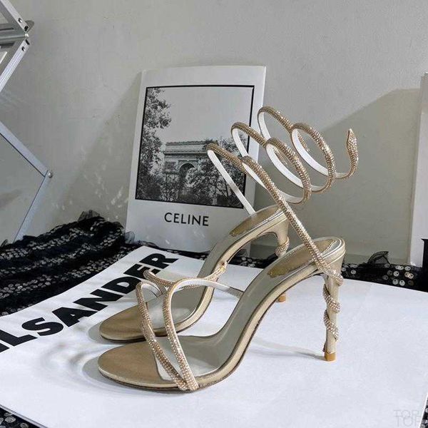 

rene caovilla cleo margot embellished snake strass stiletto heels sandals evening shoes women high heeled luxury designers ankle wraparound, Black