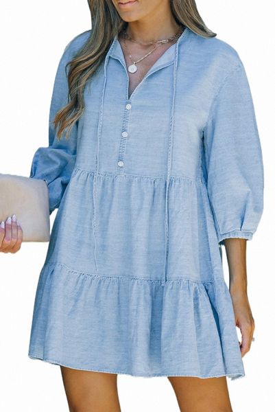 

sky blue split neck tiered denim dress 2023 new v6zb#, Black;pink