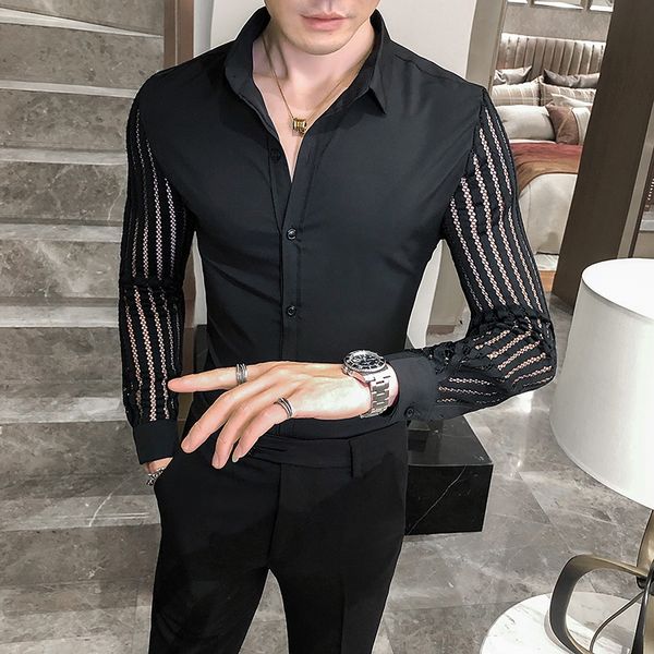 

men's casual shirts brand clothing men's summer casual long sleeve shirts/male spring slim fit lace hollow out casual shirts plus, White;black