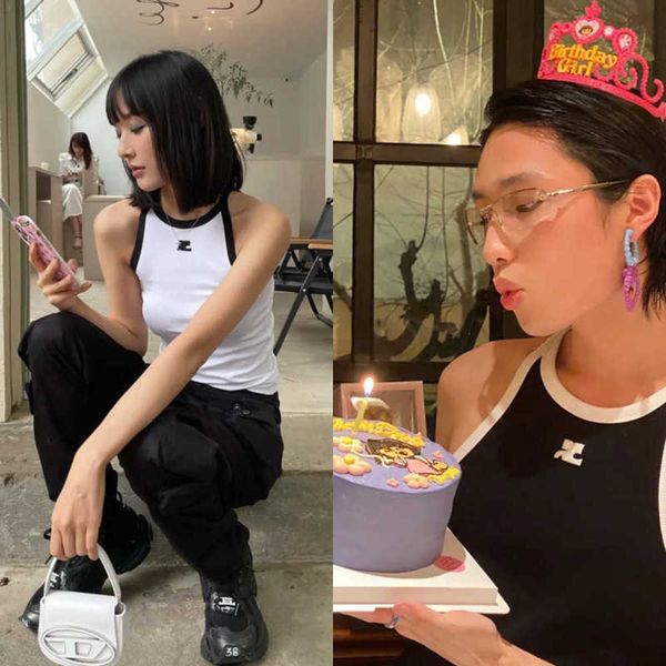 

sweet and spicy jennie style fashionable slim embroidery contrast color strap tank top, White