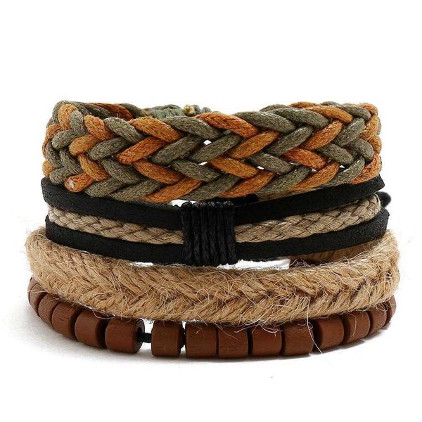 

vintage weave cattle leather bracelet diy three piece hemp rope, Golden;silver