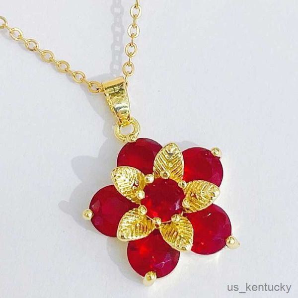 

pendant necklaces fashion retro light luxury wild and color zircon red flower nelace pendant chain pendant gift, Silver