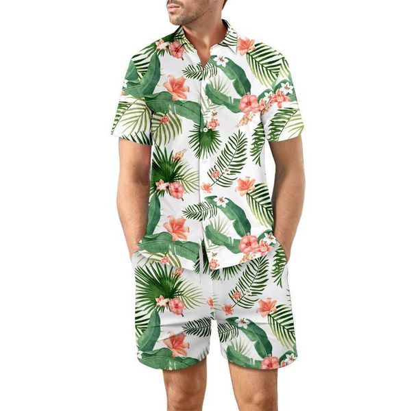 

men's clothing 2022 european casual loose shirt set hawaii beach 3d digital print short sleeve, White;black