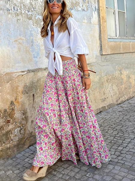 

skirts wildpinky fashion floral print women summer vintage elegant high elastic waist long boho casual female aline 230516, Black