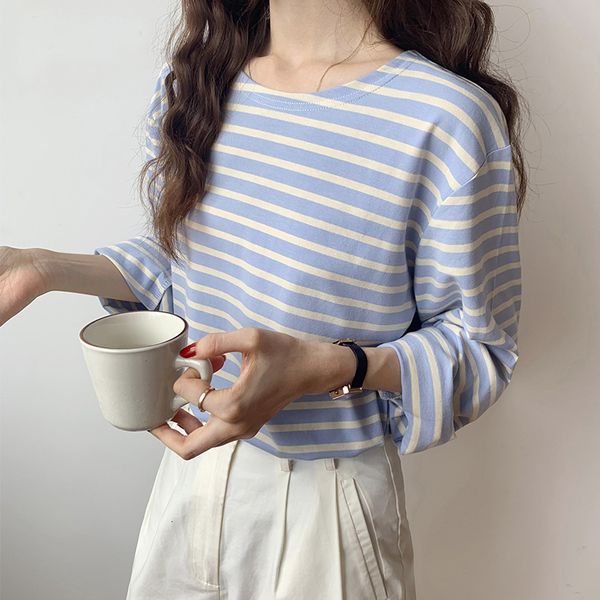 

women's t-shirt korean fashion striped t-shirt spring autumn long sleeve women's tees loose casual t shirt female blue orange y2k, White
