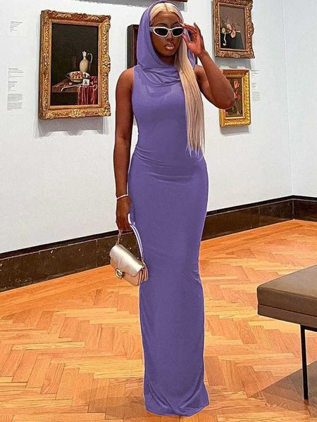 

rukas solid hoodies sleeveless slit slim maxi dress 2023 summer women fashion y2k clothes streetwear party casual biker, White;black