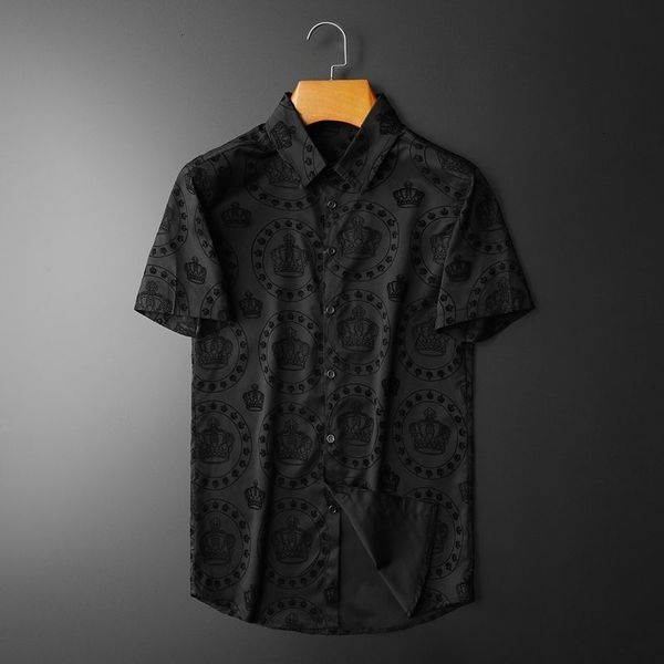 

men's casual shirts luxury black crown flocking short sleeve shirt men summer shirts business formal dress camisa social masculina flow, White;black