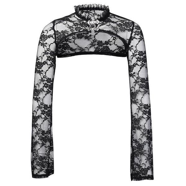 

shirts punk lace collar cropped shrug bolero women mesh cape shawl elegant goth capelet long sleeve see through, White
