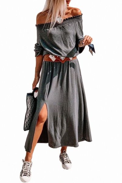 

gray shirred off shoulder maxi dress with split u0ef#, Black;pink