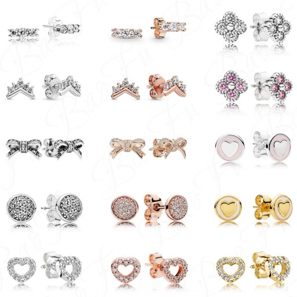

holiday gift essential 925 sterling silver earrings shiny crown bow knot creative four leaf clover simple love original women's jewelry, Golden;silver