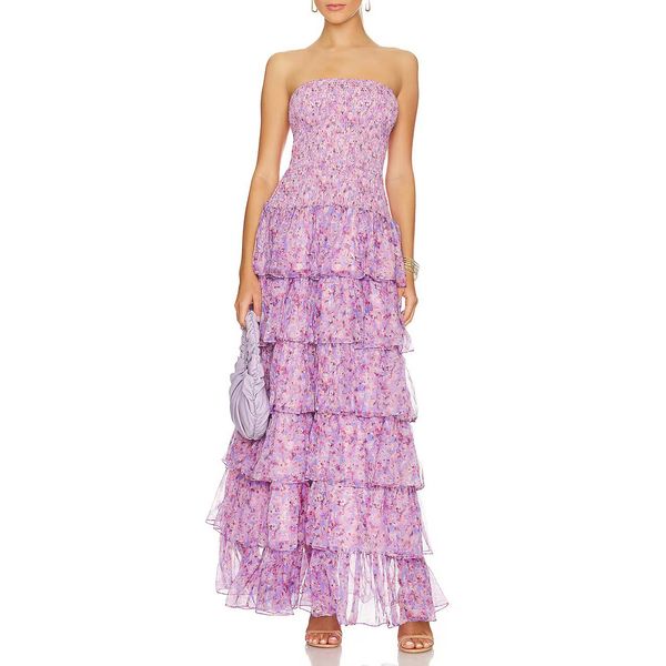 

runway dress strapless floral printed silk long dress, Black