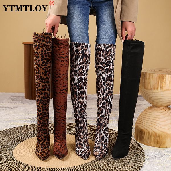 

boots sepatu bot hak tinggi wanita bahan kain melar ujung runcing musim gugur dingin motif macan tutul fashion 230516, Black