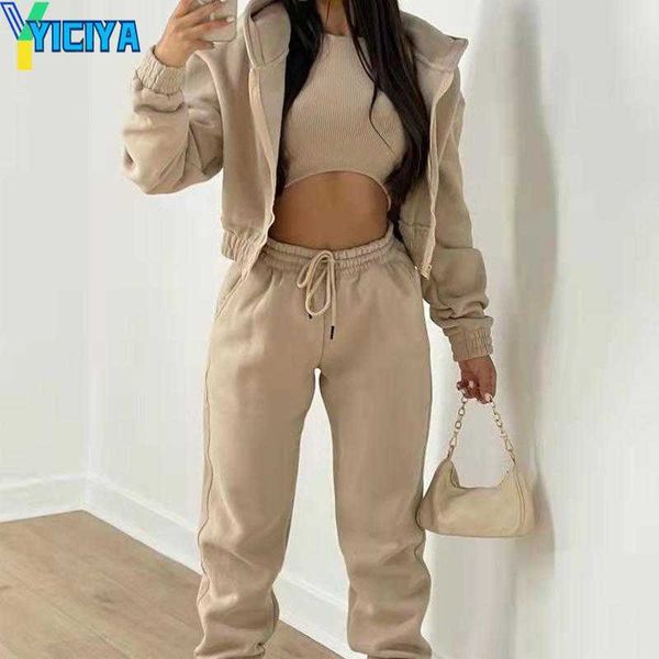 

yiciya women's two piece pants fashion hooded sweatshirt loose 3pc suits women casual long sleeve tracksuits outfits elegant zipper coa, White