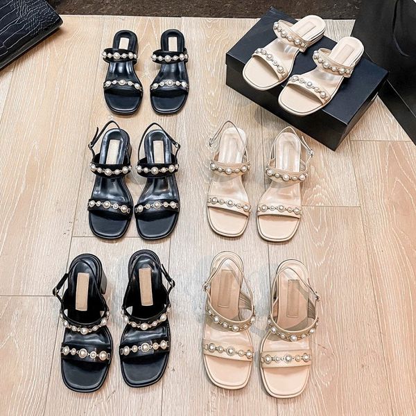 

rhinestone pearl slippers new luxury designer sandals summer women's platform shoes gem high heels soft face leather flip flops outdoor, Black
