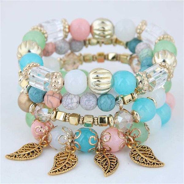 

trendy simple metal leaves bracelet all match multi layer beads temperamental retro ethnic style hand accessories, Golden;silver