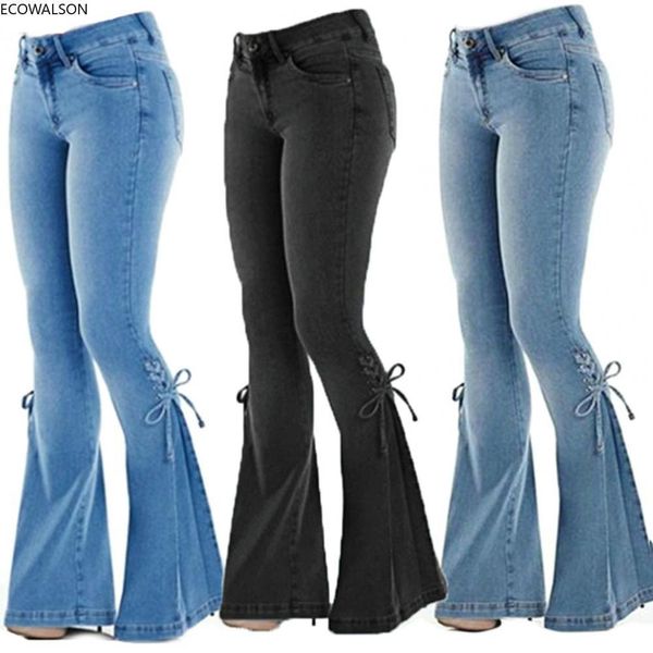 

women s jeans jins suar melar pinggang tengah celana denim wanita saku bawah lonceng skinny gaya korea kasual pengangkat bokong kaki lebar 3, Blue