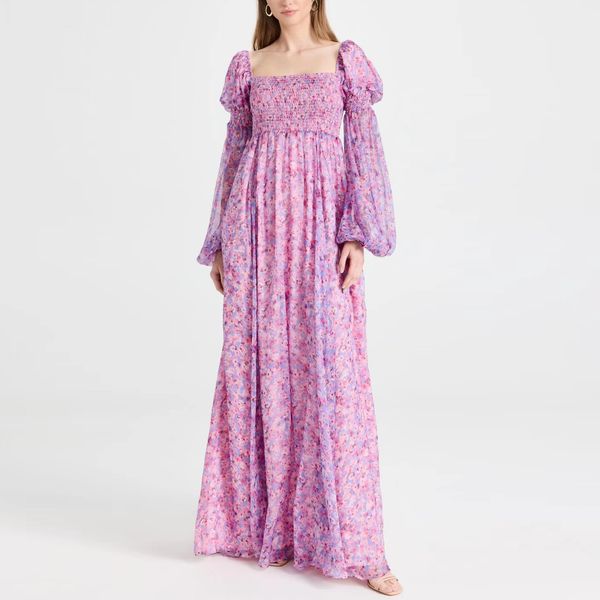 

runway dress square neck lantern sleeve floral printed silk long dress, Black