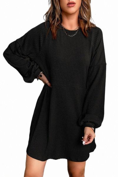 

black round neck empire waist ribbed knit dress n3np#, Black;pink