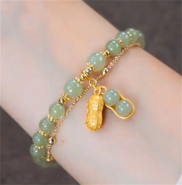 

good luck & love: double layered beaded chain bracelet with peanut shape pendant - perfect christmas gift for her, Golden;silver