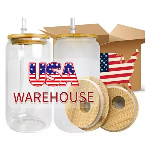 

us cawarehouse 3 days delivery 16oz sublimation glass mugs cup blanks with bamboo lid frosted beer can glasses tumbler mason jar plastic str