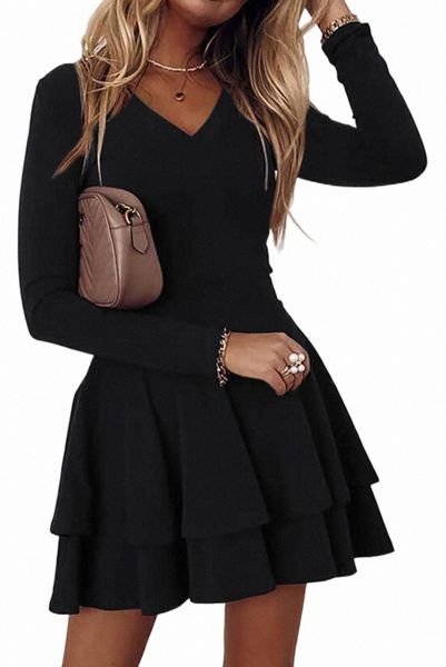 

long sleeve v neck tiered ruffle a-line mini dress t6u4#, Black;pink