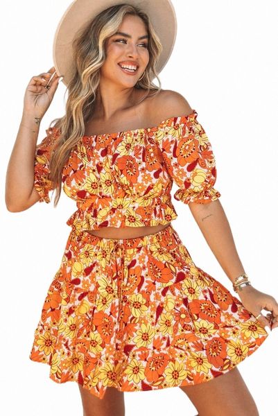 

orange two-piece boho floral skirt set 2023 new x8ri#, Black;pink
