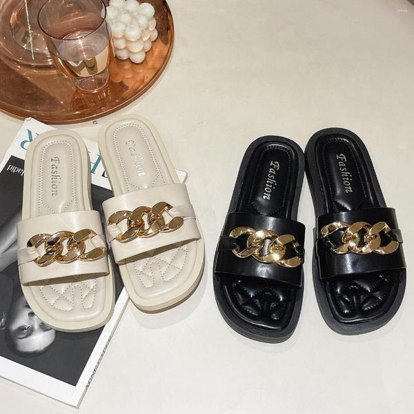 

designer new womens 2023 slippers sandals summer chain fashion brand elegant luxury concise casual shoes outdoor beach womens slippers, Black