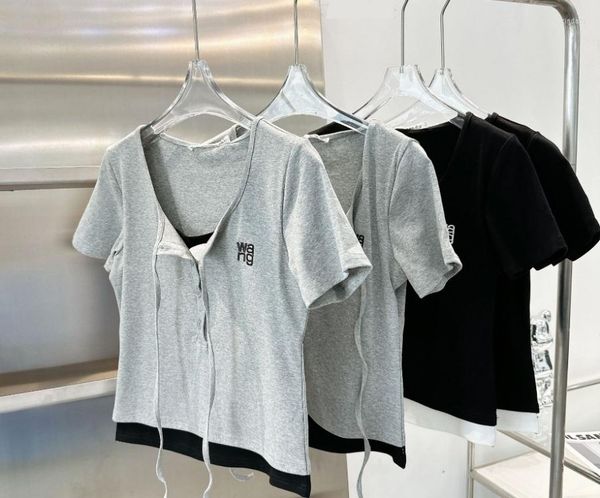 

women's t shirts classic luxury designer shirt fake two piece lace neckline letter embroidered short sleeve top, White