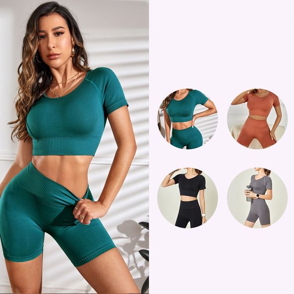 

seamless yoga clothes 2 sets of sports short-sleeved slim and thin high-waisted yoga pants