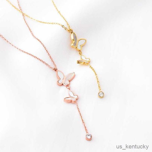

pendant necklaces stainless steel double butterfly tassel zircon pendant charm chain choker nelace for women fashion fine jewelry, Silver