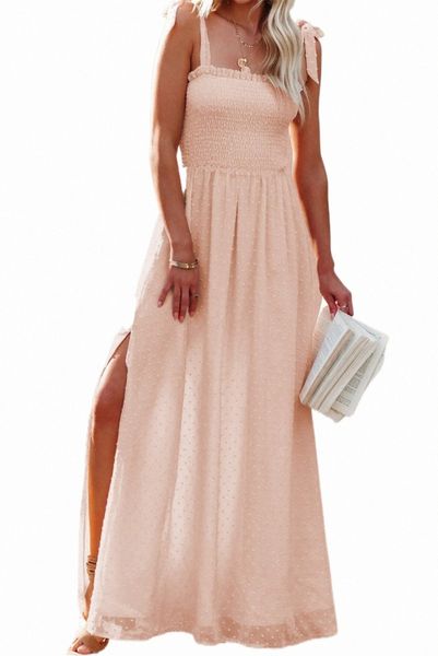 

beige smocked swiss dot maxi dress 2023 new g92i#, Black;pink