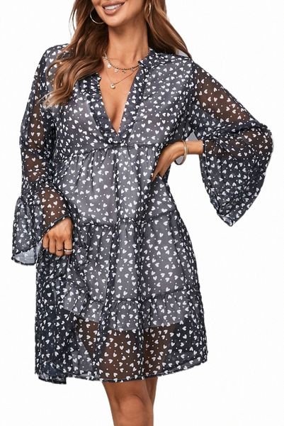 

black heart print v neck ruffle swing mini dress f8bl#, Black;pink