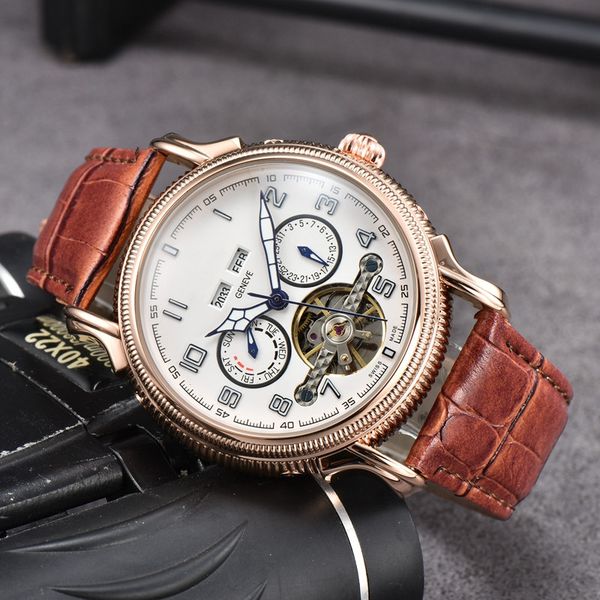 

pate wristwatches for men 2023 new mens watches 46mm five stitches tourbillon automatic mechanical watch luxury brand leather strap mens fas, Slivery;golden