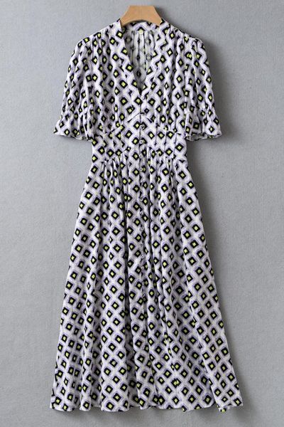 

23 designer dress spring/summer new high waist slim contrast color diamond checker yarn woven cotton short sleeve robe dress, Black;gray