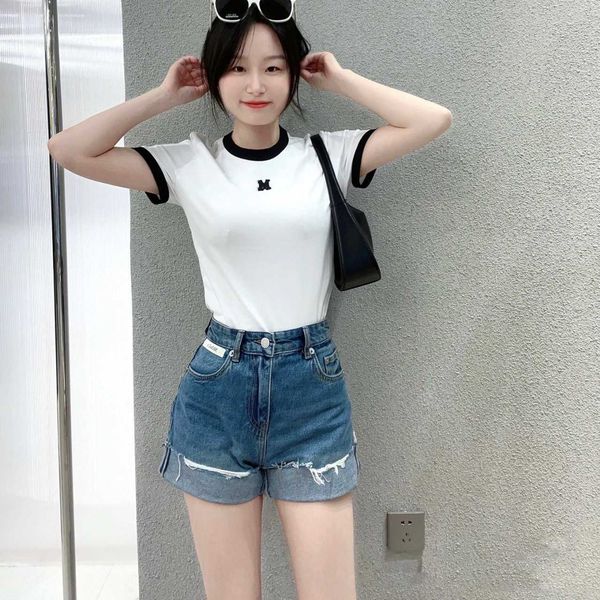 

mo~2023 summer new round neck stereo seal letter embroidery contrast color edge all cotton short sleeve t-shirt female, White
