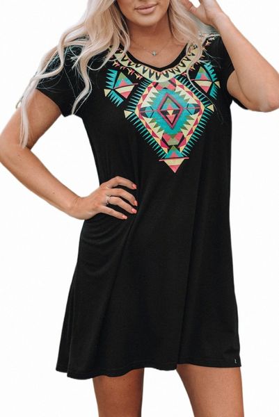 

boho ethnic print short sleeve mini dress 2023 new 98rx#, Black;pink