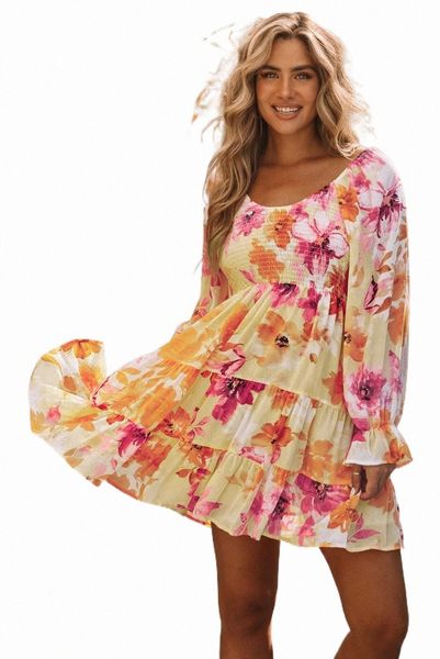 

yellow square neck puffy sleeve tiered floral dress 070l#, Black;pink