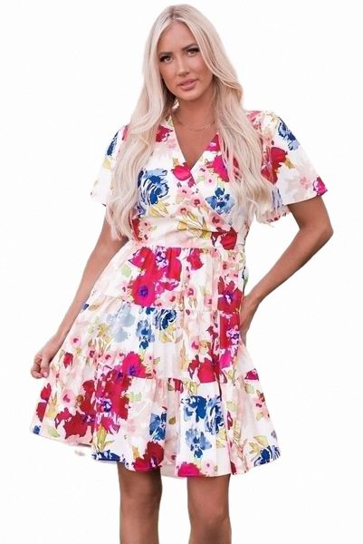 

multicolor sweet floral wrap v neck skater dress i51w#, Black;pink
