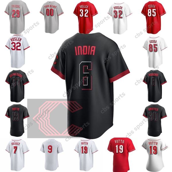 

2023 city connect baseball jersey 6 jonathan india ken griffey 19 joey votto hunter greene johnny bench wil myers pete rose senzel larkin be, Blue;black